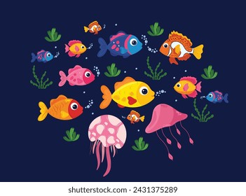 Vibrant fish and jellyfish set on dark blue isolated background. Ocean vector illustration. For postcards, prints, postcards.