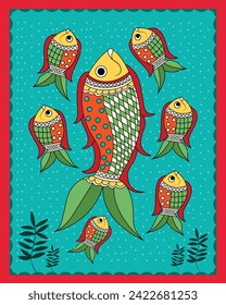 Vibrant Fish Life: Exquisite Madhubani Painting. Madhubani Fish Illustration, Colorful Aquatic Scene, Traditional Indian Artwork, Fish in Madhubani Style.