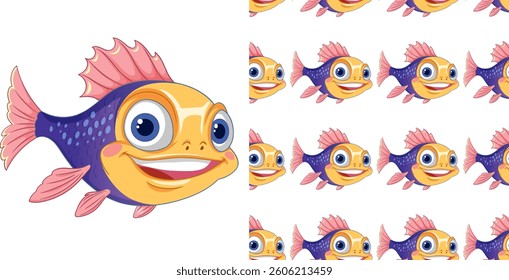 Vibrant fish pattern with cheerful expressions and colors