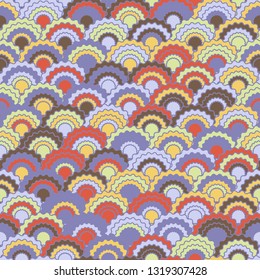 Vibrant fish scales squama background, vector seamless fabric pattern, tiled textile print. Typical japanese squama scales seamless arc tiles design. Wallpaper pattern.