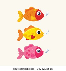 Vibrant fish set on isolated background. Cartoon hand drawn style. For cartoon characters, children's books, prints.