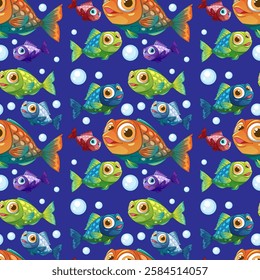 Vibrant fish swimming among bubbles in the ocean