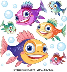 Vibrant fish swimming among playful bubbles
