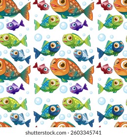 Vibrant fish swimming among playful bubbles