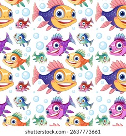 Vibrant fish swimming among playful bubbles