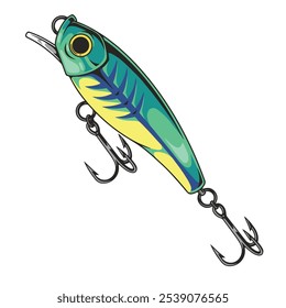 A vibrant fishing lure featuring a green and yellow design equipped with sharp hooks. This tackle is ideal for attracting various fish species during recreational fishing.