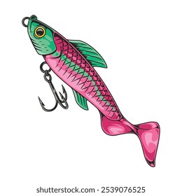 Uma isca vibrante em forma de peixe projetada para a pesca com cores rosa brilhante e verde com um gancho e escamas detalhadas, mostrando um design de peixe atraente para pescadores.