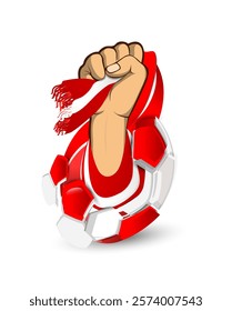 A vibrant fist holding a red and white scarf inside a football. This striking illustration symbolizes cheering, fanaticism, and unwavering team loyalty, capturing the essence of passionate supporters