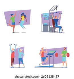 Vibrant fitness set of various exercise routines. Individuals engaged in jump rope, weight training, and cardio workouts. Inclusive approach to fitness concept