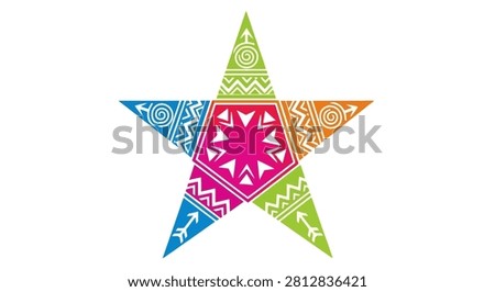 A vibrant five pointed star featuring intricate tribal patterns and geometric designs in multiple colors against a white background