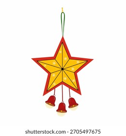 Un vibrante adorno de estrella amarilla de cinco puntas con un borde rojo, decorado con Pequeños diseños de copos de nieve blancos, y con tres campanas rojas con luces cálidas y brillantes que cuelgan de los puntos inferiores.