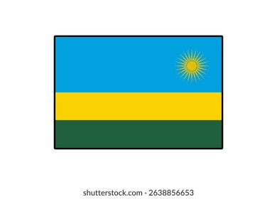 The vibrant flag of Rwanda features horizontal stripes of blue, yellow, and green, with a radiant sun in the upper right corner symbolizing hope and prosperity for the nation.