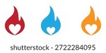 Vibrant flame icons with heart shape. Fire flame, hot heart symbol, vector illustration. Fire Heart Icon with Gradient Vector Design Concept. Fiery Love, Flame Symbol Flat Icon on White Background.