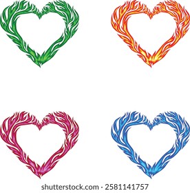 A vibrant flaming heart vector set featuring red, blue, pink, and green fiery hearts. Ideal for love-themed artwork, tattoos, Valentine’s Day, branding, posters, and creative designs.