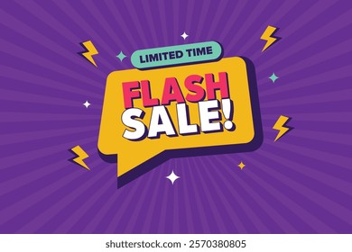 Vibrant flash sale banner with bold typography, speech bubble design, lightning bolts, and starburst background. Perfect for promoting limited-time offers in digital marketing, social media, and e-com