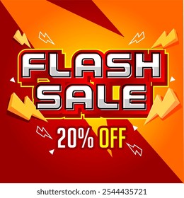 Vibrant Flash Sale banner with red, orange, and yellow tones, featuring bold '20% OFF' text and lightning icons. Perfect for grabbing attention during limited-time sales and boosting customer engageme