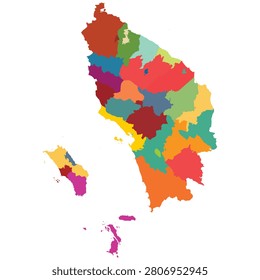 Vibrant, flat colorful vector map of North Sumatra (Sumatera Utara) province, Indonesia. Accurately divided into 33 administrative regencies and cities including Medan, Binjai, Deli Serdang, Nias, and the Lake Toba region. This highly detailed, isolated vector graphic is essential for economic reports, cultural presentations, tourism guides, and commercial publications. Fully editable EPS format.