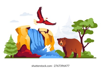 A vibrant flat design of American wilderness with a grizzly bear, a soaring bald eagle, a waterfall, rocks, and evergreen trees, capturing the beauty and power of North American landscapes