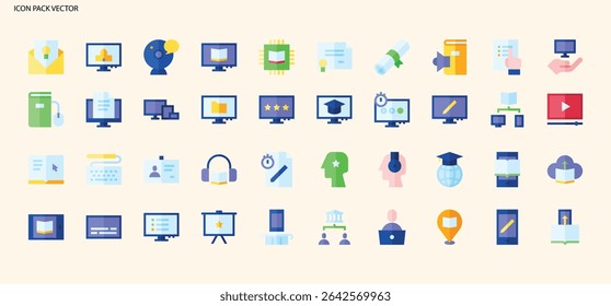 Vibrant Flat Design E-Learning and Online Education Icons for Digital Learning