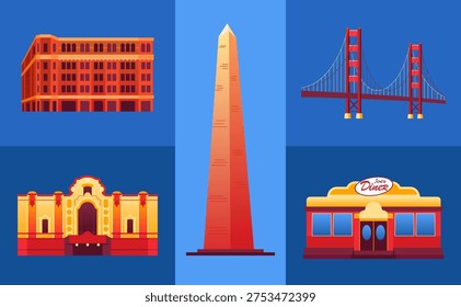 Vibrant flat design featuring the Golden Gate Bridge, Washington Monument, Sixth Floor Museum, historic theater, and a classic American diner