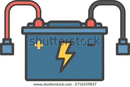 A vibrant flat design icon depicting a blue car battery with red and black cables connected to its terminals, featuring a prominent yellow lightning bolt symbol, plus, and minus signs.