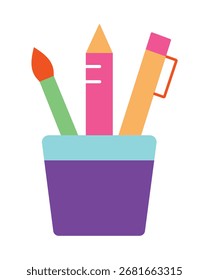 Un icono de diseño vibrante y plano de un porta lápices con herramientas creativas y de oficina como un bolígrafo, un lápiz y un pincel. Simboliza arte, educación y organización.
