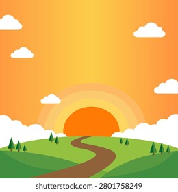 A vibrant flat design illustration of a beautiful sunrise or sunset over rolling green hills, featuring a winding path, fluffy clouds, and small pine trees.