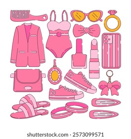 A vibrant flat design illustration featuring women's clothing and accessories, including a swimsuit, blazer, shoes, sunglasses, bag, comb, jewelry, and beauty products. Perfect for fashion themes