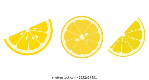 A vibrant, flat design illustration featuring three bright yellow lemon slices against a clean white background. The slices include a full circle and two wedges, showcasing their segmented interior.