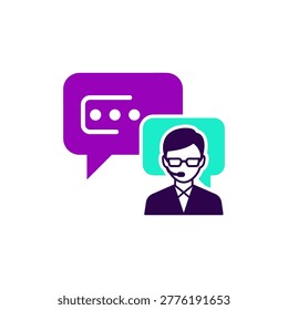 Vibrant flat design illustration featuring a customer support agent with headset and speech bubble, perfect for live chat interfaces, helpdesk branding, and tech support graphics. Ideal for apps, w...