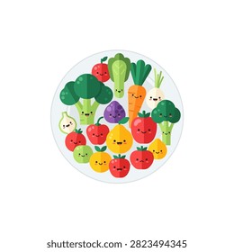 A vibrant flat design illustration featuring a variety of cute fruits and vegetables with happy faces. The characters, including broccoli, carrots, tomatoes, and apples, are arranged in a circular composition on a white plate. This playful and colorful graphic promotes healthy eating and nutrition in a fun, kawaii style.