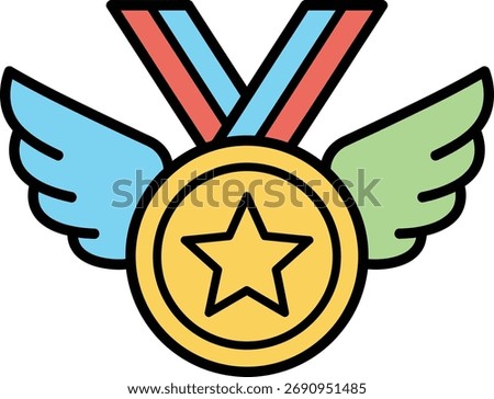 A vibrant, flat design illustration of a golden medal adorned with a star, featuring colorful wings and a striped ribbon, representing success and excellence.
