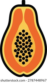 A vibrant, flat design illustration of a halved papaya fruit showing its orange flesh and black seeds.