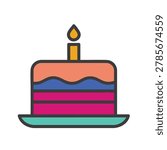 A vibrant flat design illustration of a layered cake topped with a single burning candle on a platter