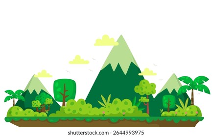 Vibrant flat design illustration of a lush natural landscape featuring green mountains, diverse trees, bushes, and playful clouds. Ideal for game backgrounds, children's books, or nature concepts.
