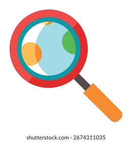 A vibrant flat design illustration of a magnifying glass revealing colorful abstract circles, representing discovery and creative exploration. Isolated on a white background.