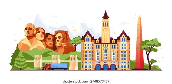 A vibrant flat design illustration of Mount Rushmore, the Old Post Office Tower, and Washington Monument, symbolizing American history, legacy, and iconic architecture in one scenic composition