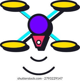 A vibrant flat design illustration of a multicopter drone featuring a purple body yellow rotors and blue arms transmitting data signals. This professional graphic depicts aerial surveillance technology and modern remote control flight operations making it ideal for website icons infographics and creative marketing material related to unmanned aerial vehicles.