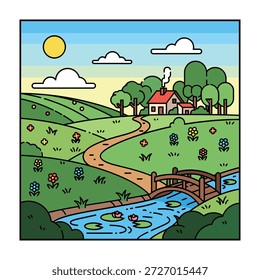 A vibrant, flat design illustration portrays a picturesque countryside scene. Rolling green hills are dotted with colorful flowers. A winding path leads to a charming house with a smoking chimney. A wooden bridge crosses a blue stream, and a bright sun shines in the sky.
