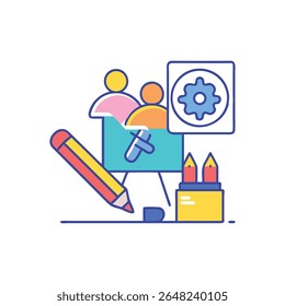 Vibrant flat design illustration showing collaborative teamwork with graphic design and creative elements. Focus on simplicity and modern aesthetics.