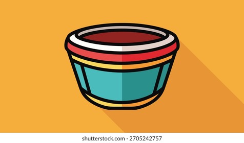 Una ilustración de diseño plano vibrante de una taza de café estilizada con una bebida oscura, proyectando una larga sombra sobre un fondo naranja. Perfecto para interfaces digitales y coffee breaks.