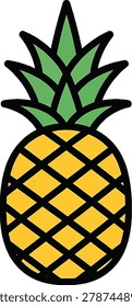 A vibrant, flat design illustration of a whole pineapple, featuring a textured yellow body and spiky green crown, set against a white background.