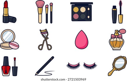 Vibrantes ilustraciones de diseño plano que muestran una variedad de cosméticos esenciales y herramientas de belleza sobre un fondo blanco limpio