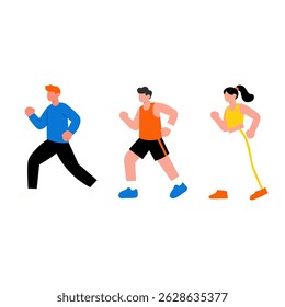 A vibrant, flat design image depicts three people engaging in jogging or running outdoors.