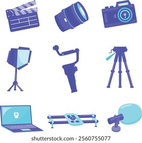 Vibrant flat design image showcases various essential video production equipment.