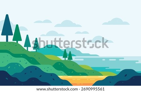 Vibrant Flat Design Natural Landscape Green Hills, Pine Trees, and Calm Blue Waters, a serene vector illustration of outdoor nature and scenic beauty