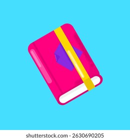 A vibrant, flat design notebook in pink with a yellow ribbon and a purple bookmark, set against a bright blue background.