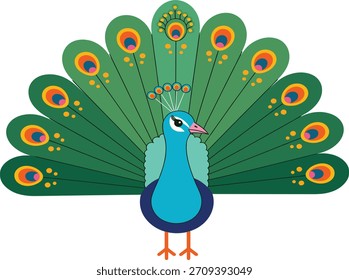 Vibrante diseño plano de pavo real que muestra sus impresionantes plumas de la cola con intrincados patrones de punto ocular, ideal para gráficos decorativos y de vida silvestre. (19 palabras).eps
