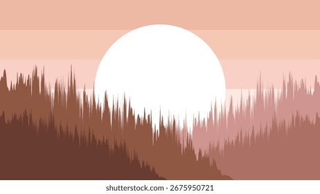 Diseño plano vibrante de un fondo de paisaje de bosque y un sol con color suave