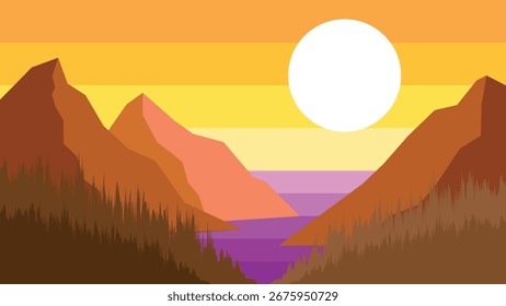 Design plano vibrante de um cenário de fundo de floresta e um sol com cor suave